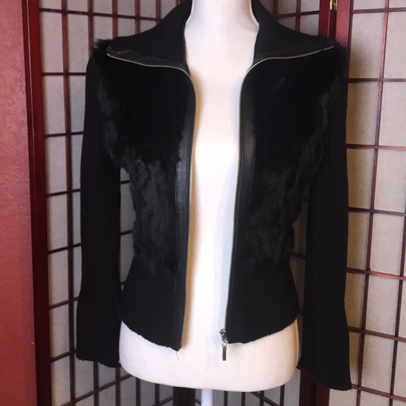 Fur and Leather Trimmed Zip Up Long Sleeve Sweater - Picture 1 of 8